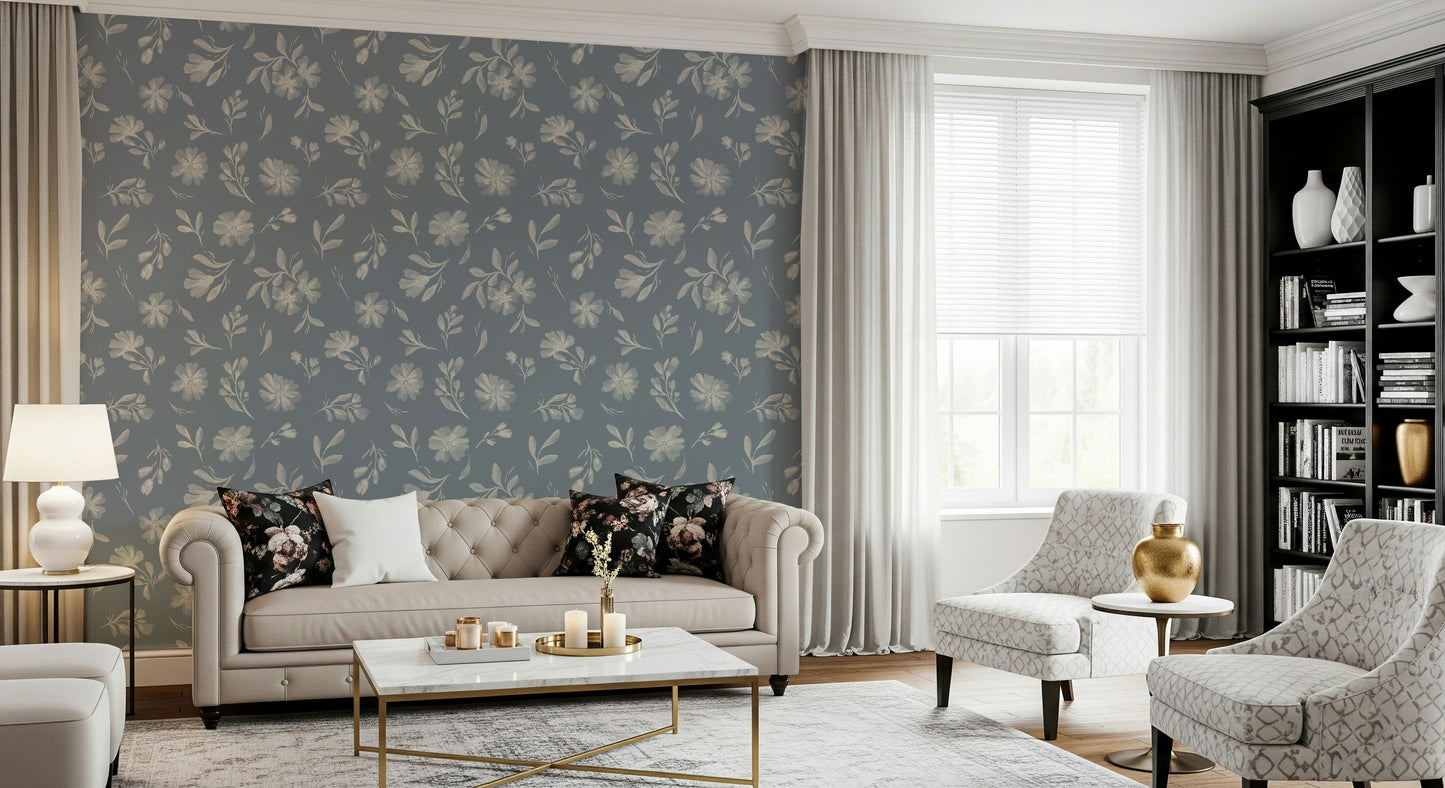 Serene Florals in muted grey Wallpaper⁠