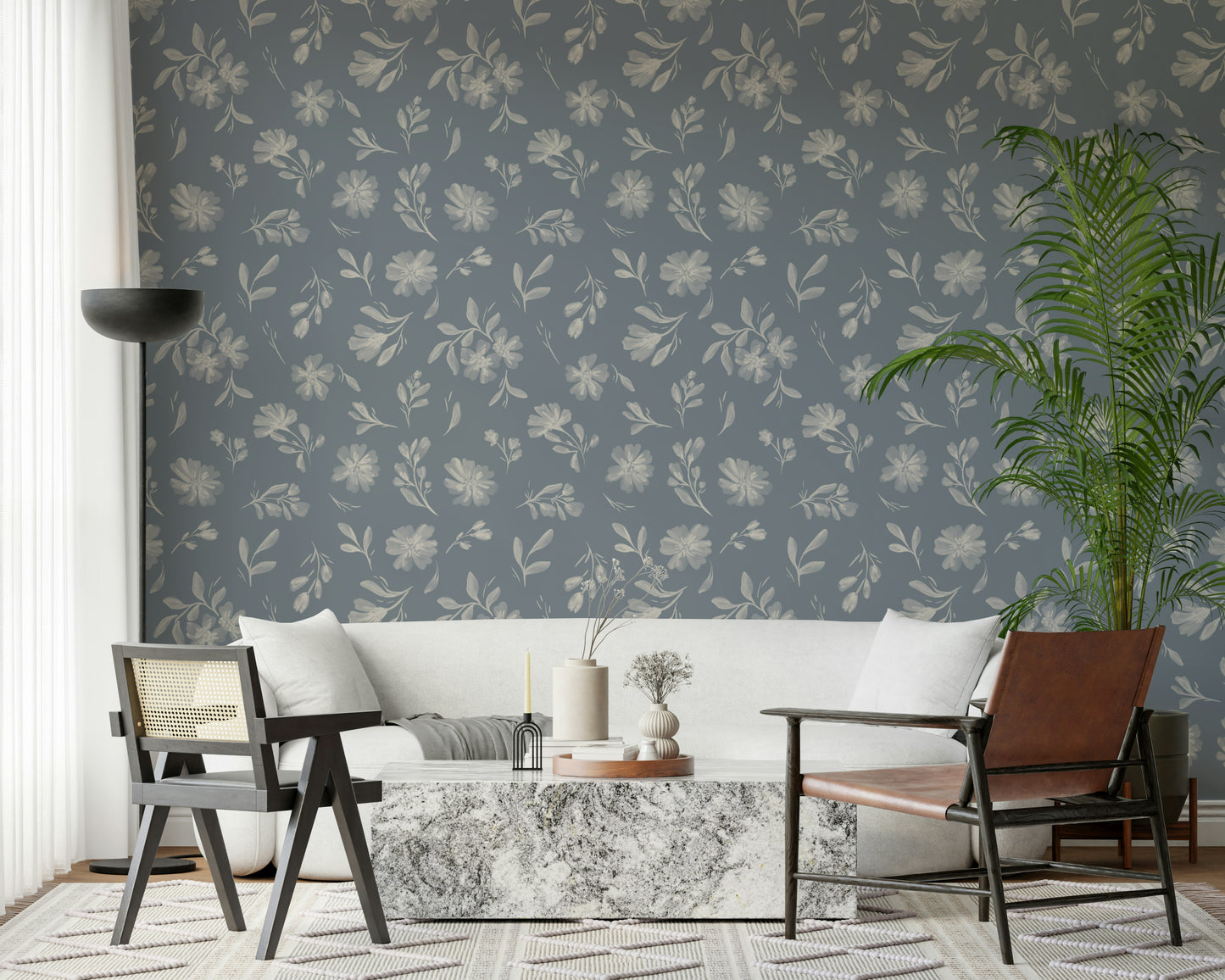Serene Florals in muted grey Wallpaper⁠