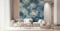 Textured blue ginkgo mural with elegant gold branch details