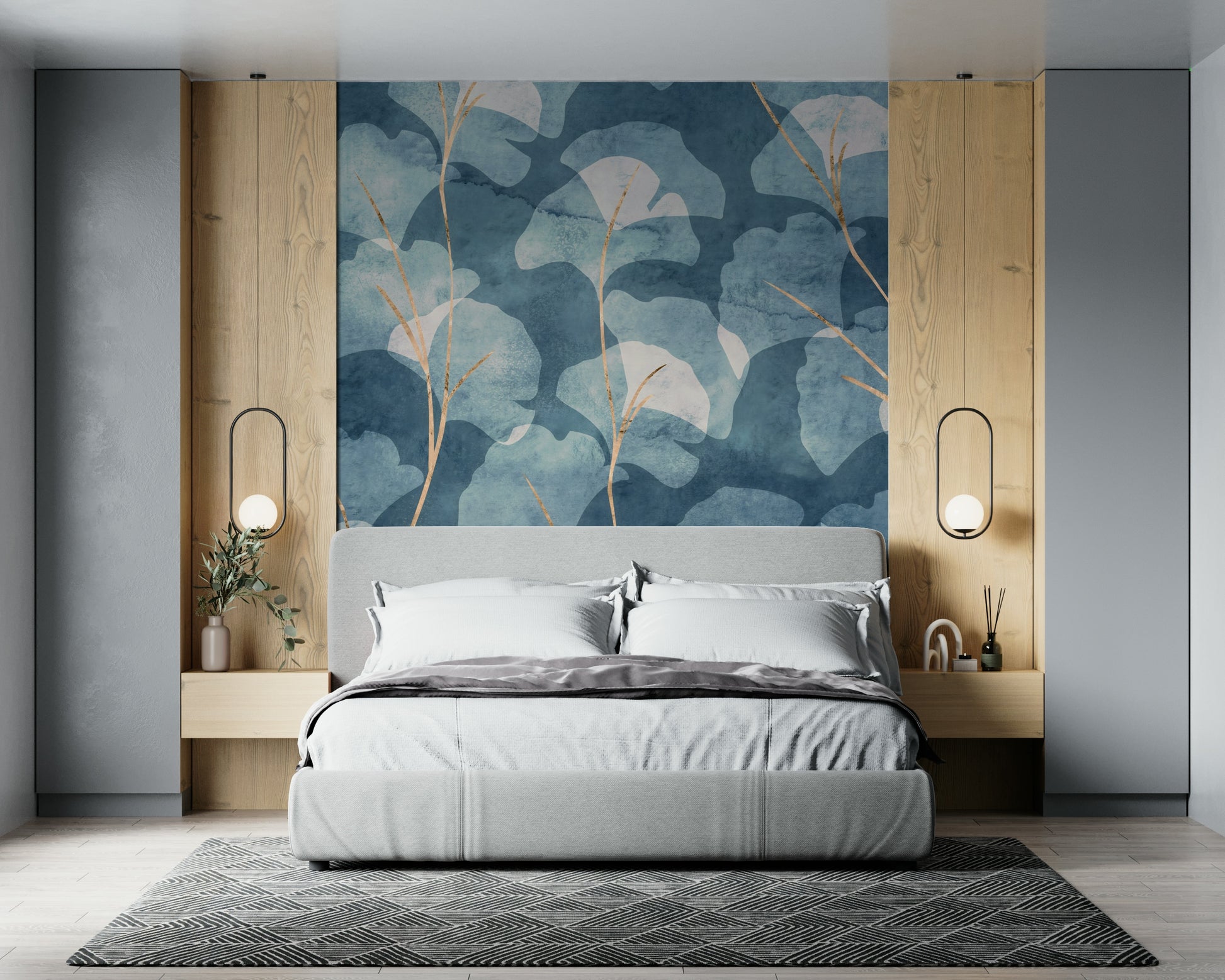 Botanical feature wall mural with ginkgo leaves in cool blues