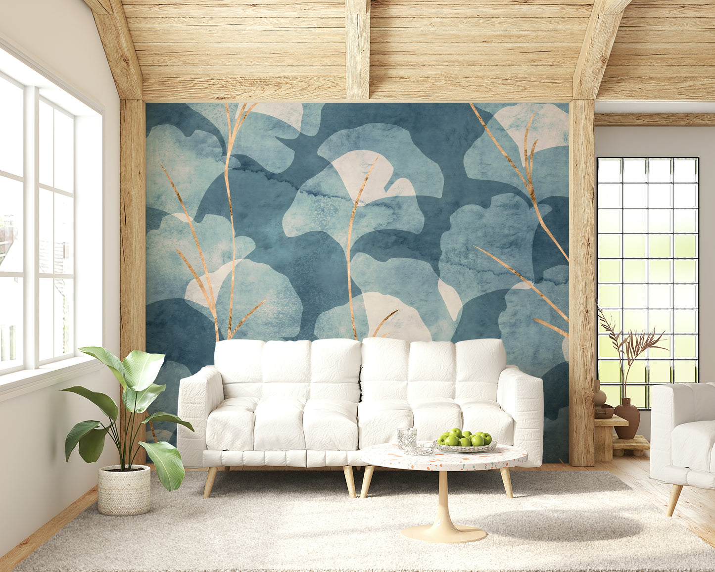 Indigo ginkgo leaves mural with delicate metallic line accents