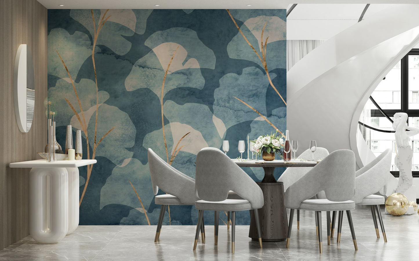 Contemporary ginkgo leaf mural in cyan and navy shades