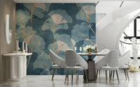 Contemporary ginkgo leaf mural in cyan and navy shades