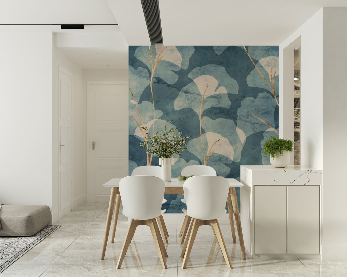 Midwinter ginkgo mural in indigo tones with gold stems