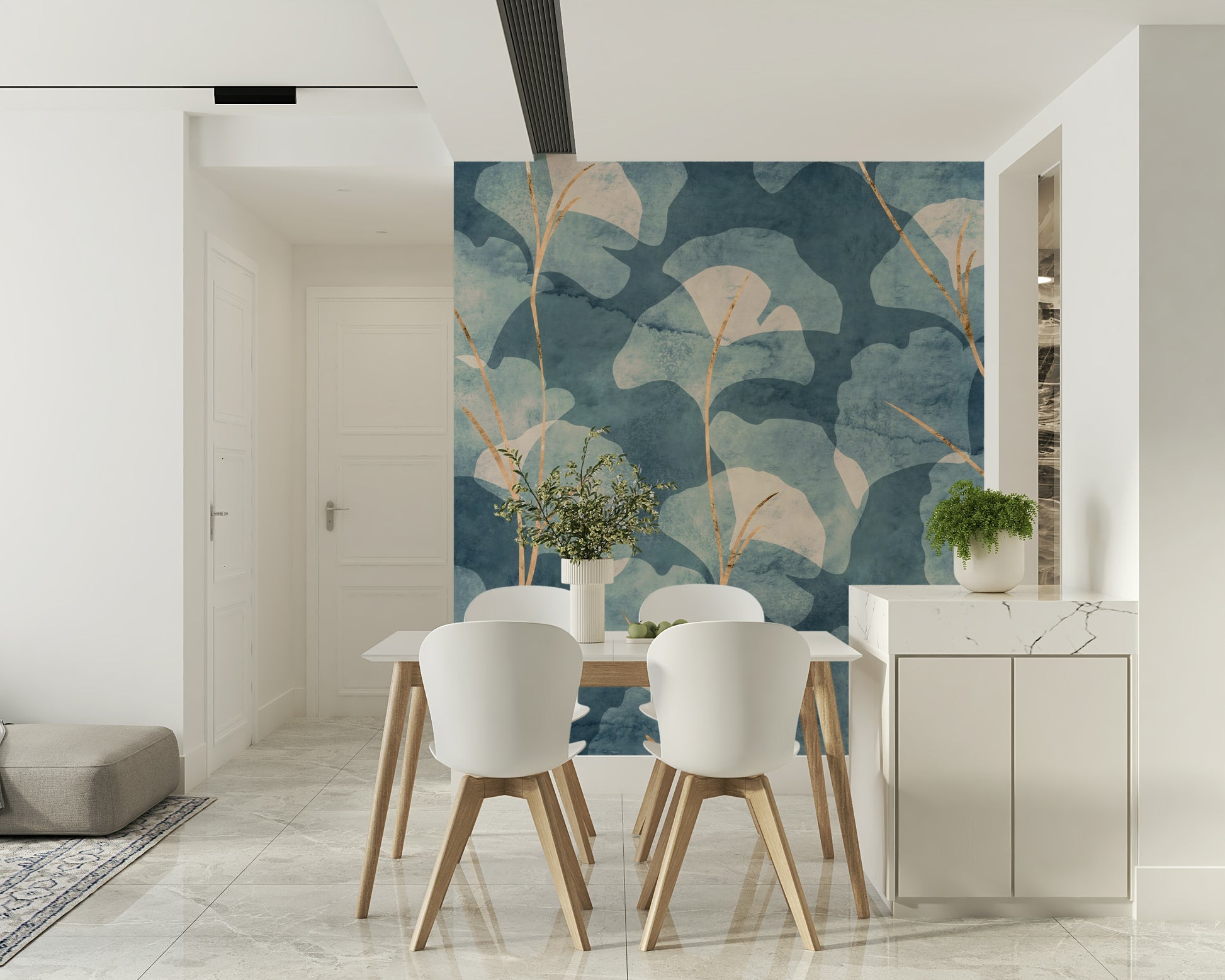 Midwinter ginkgo mural in indigo tones with gold stems