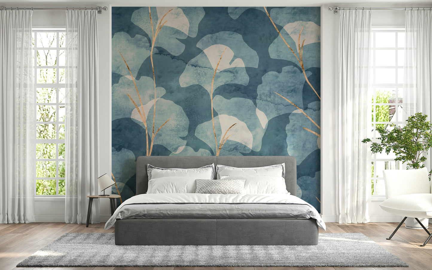 Dreamy blue ginkgo wall mural inspired by cyanotype prints