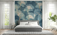 Dreamy blue ginkgo wall mural inspired by cyanotype prints