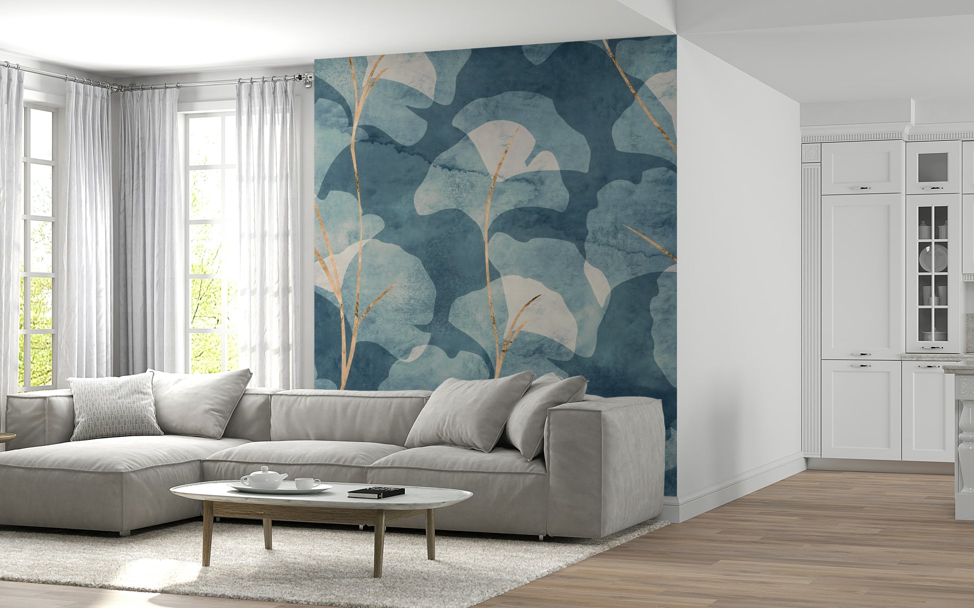 Modern cyanotype ginkgo mural with soft abstract leaf shapes