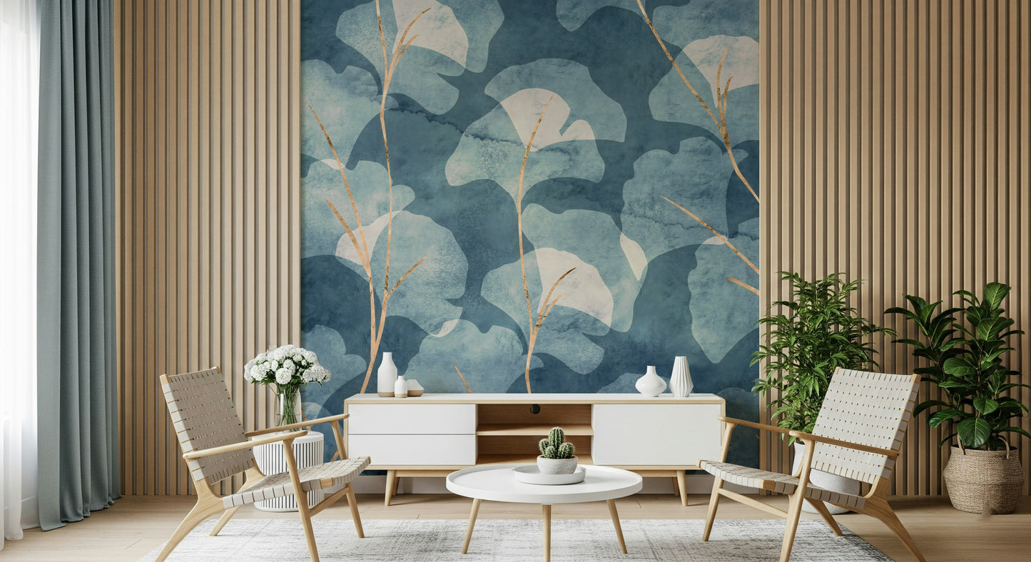 Blue botanical ginkgo leaf wall mural with watercolor texture