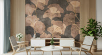 Botanical ginkgo wall mural in sepia tones and smoky gray