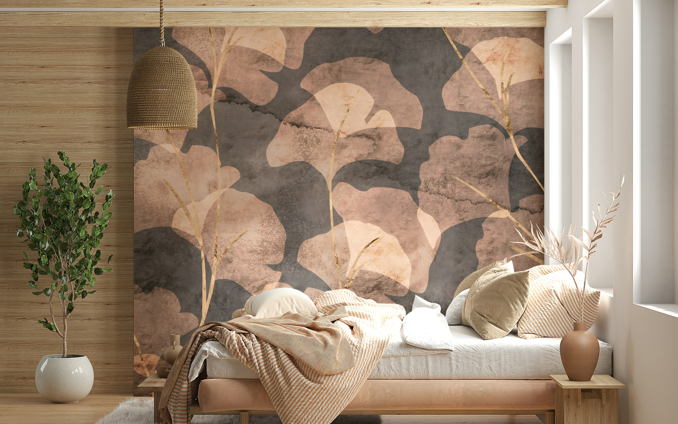 Sepia ginkgo leaf wall mural with soft watercolor texture