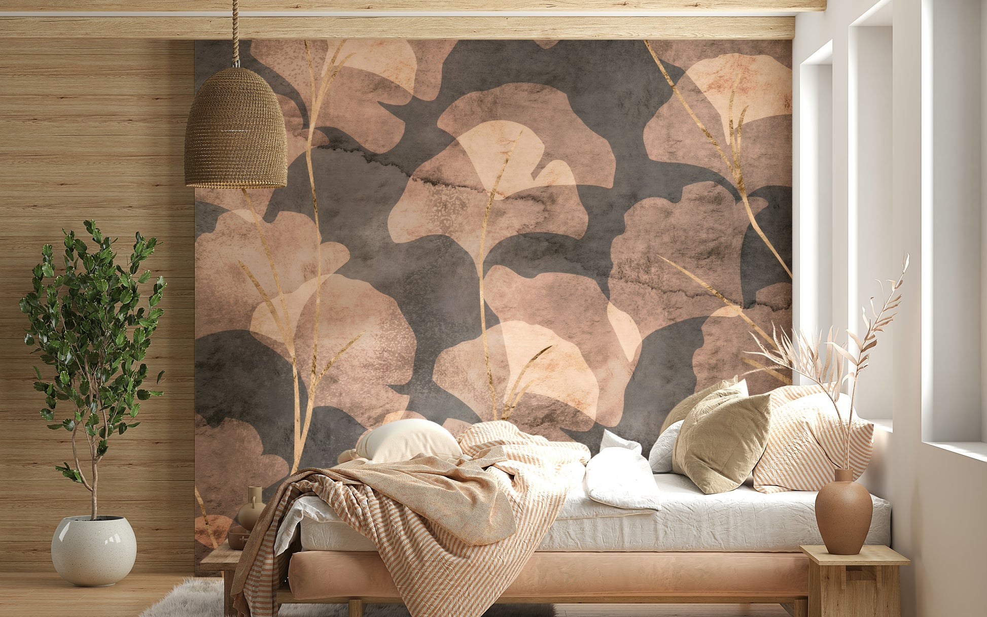 Sepia ginkgo leaf wall mural with soft watercolor texture