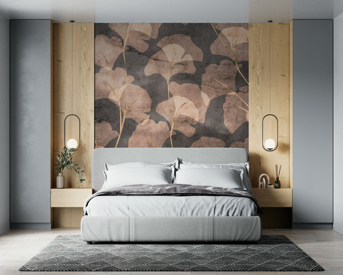 Vintage-inspired ginkgo mural with blush sepia leaves