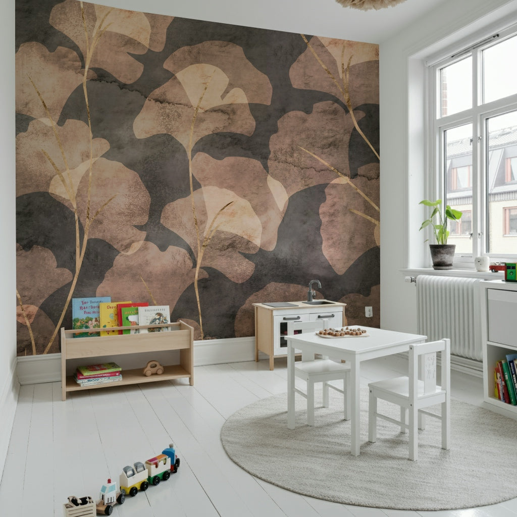 Midwinter ginkgo mural in warm beige on charcoal background