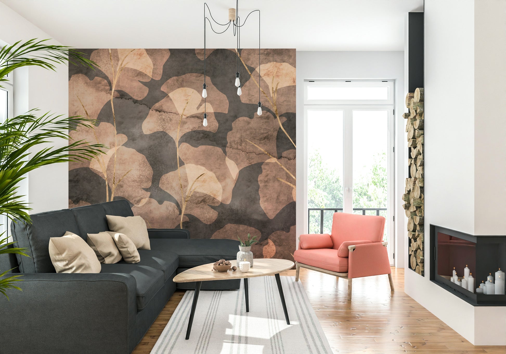 Abstract ginkgo leaf wall mural in muted earthy palette