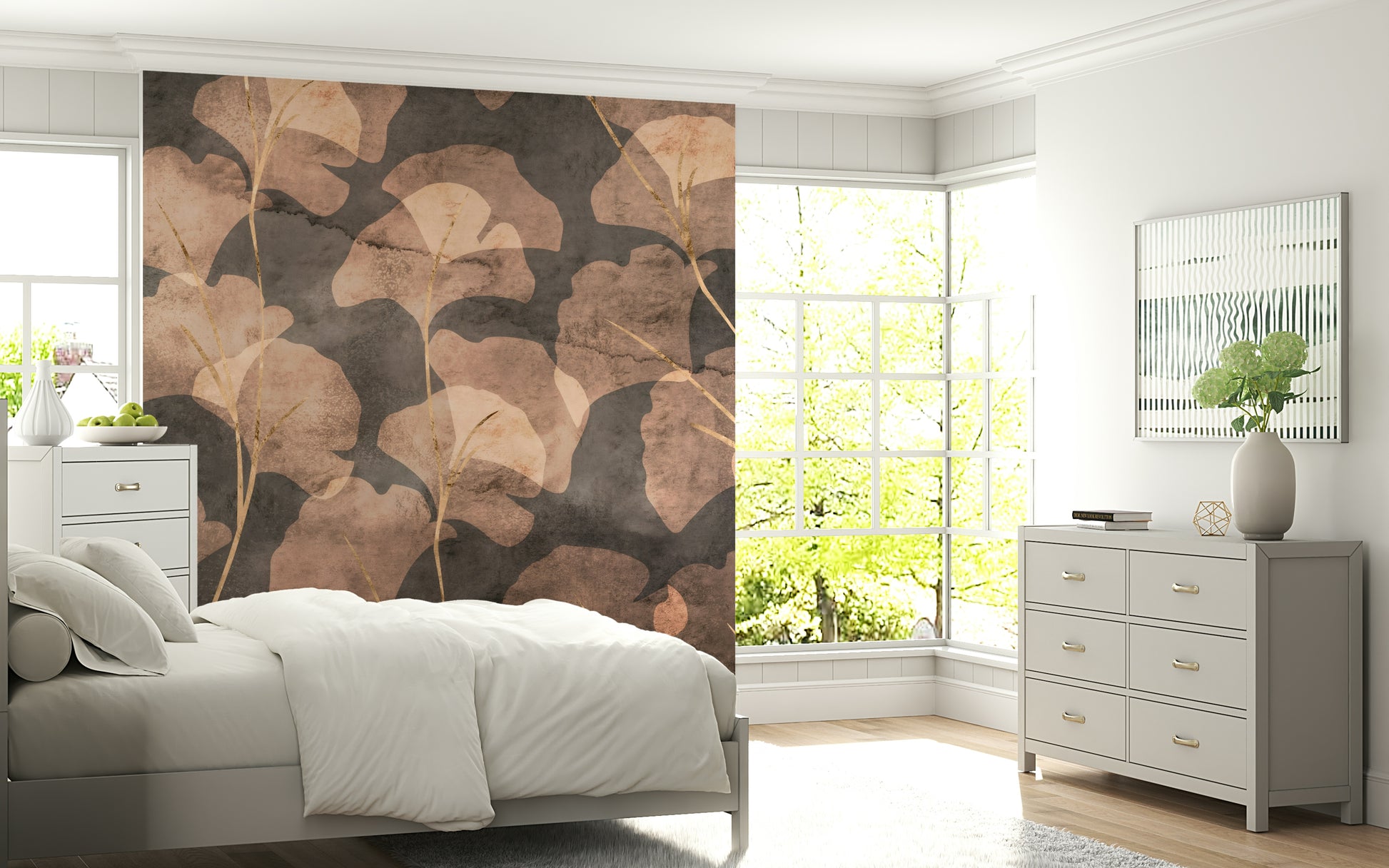 Neutral ginkgo botanical wall mural with textured stone look