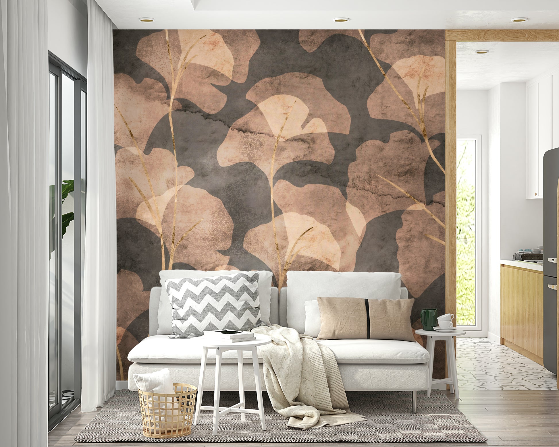 Modern ginkgo leaf mural with rustic sepia wash effect