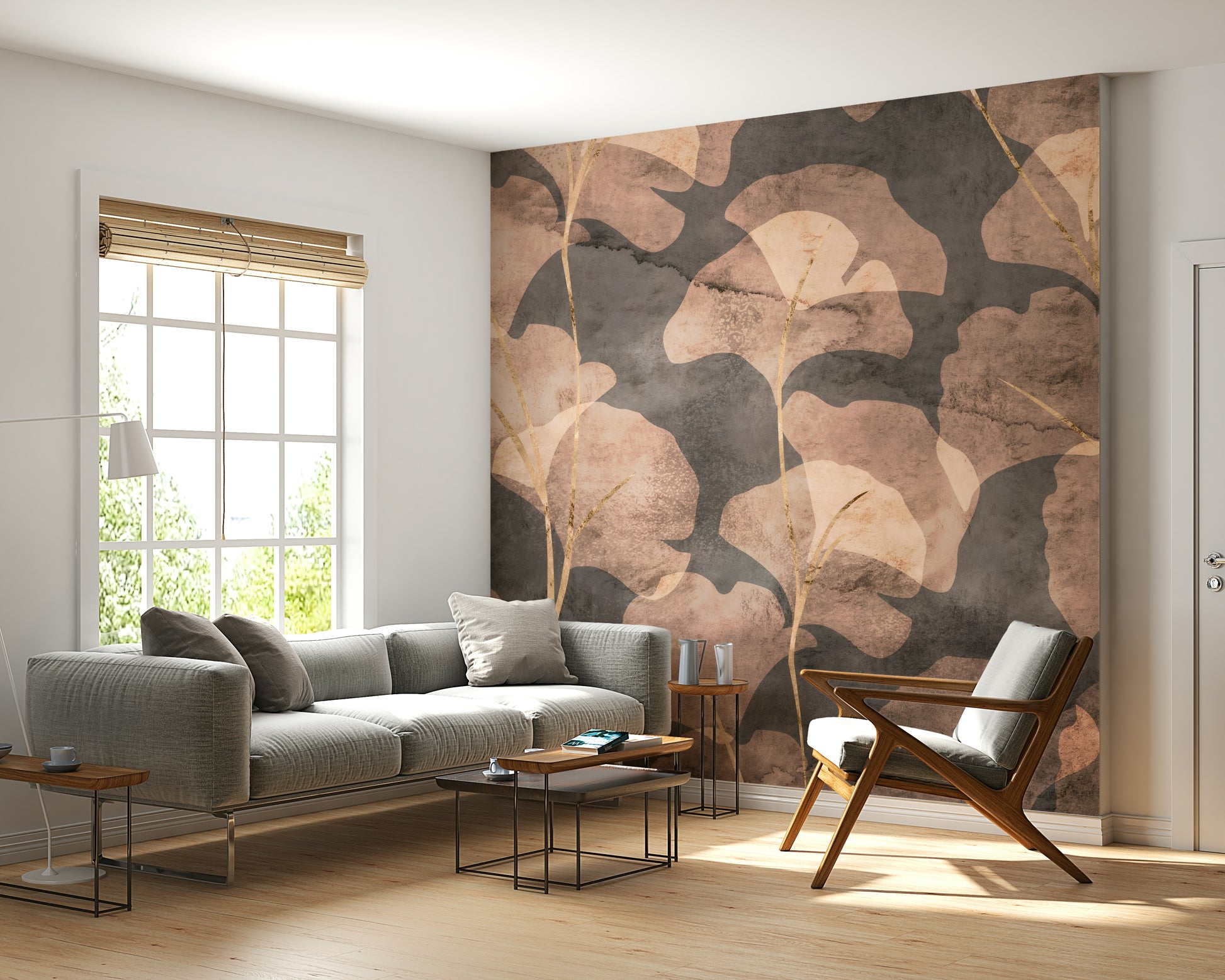 Elegant ginkgo leaves mural with subtle gold stem accents