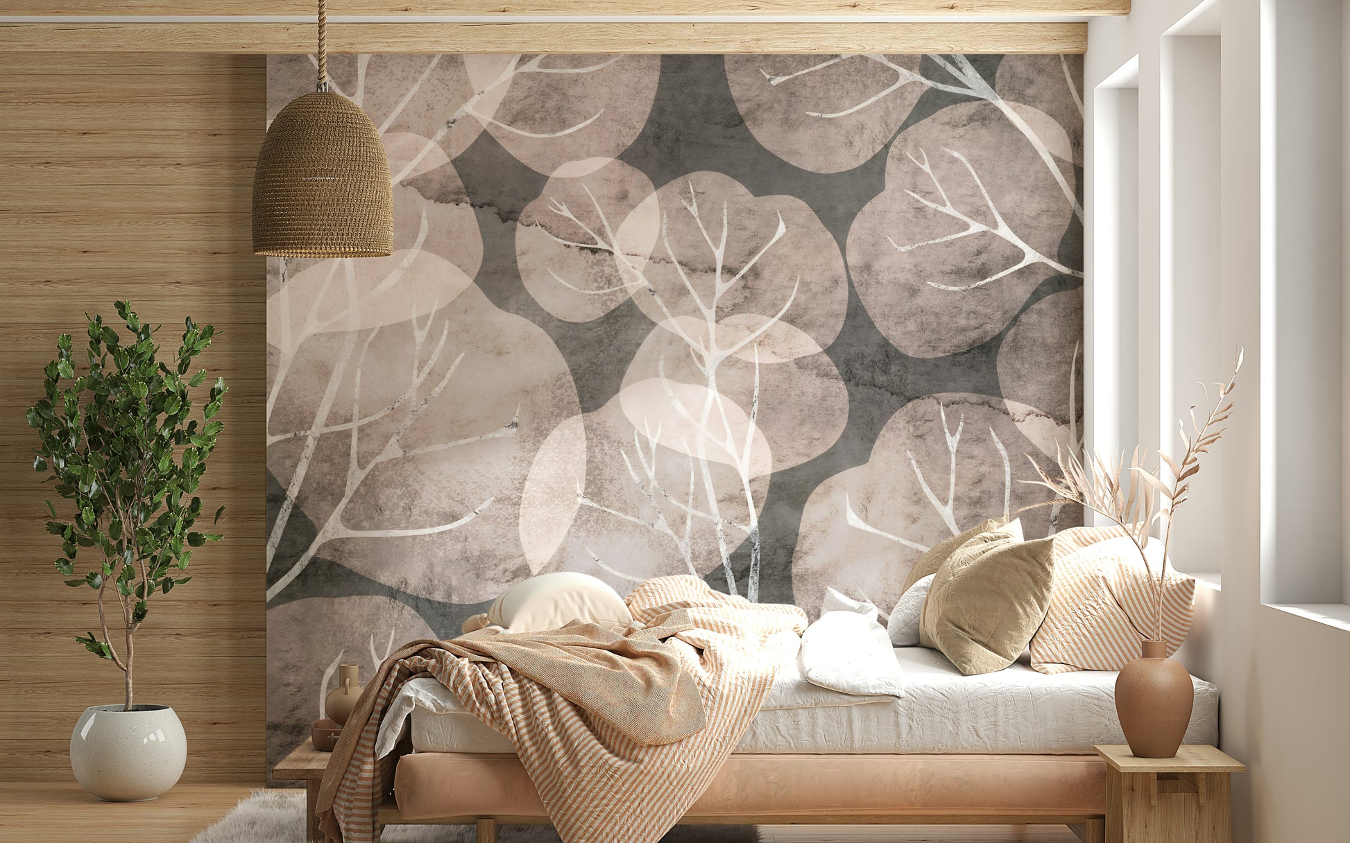 Botanical wall mural with winter leaves and branches