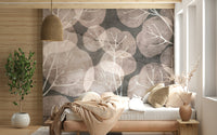 Botanical wall mural with winter leaves and branches