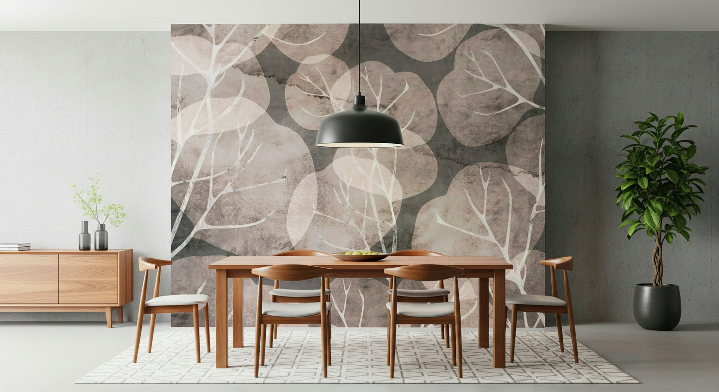 Elegant foliage wall mural in muted neutral colors