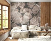 Organic wall mural with soft blush foliage pattern