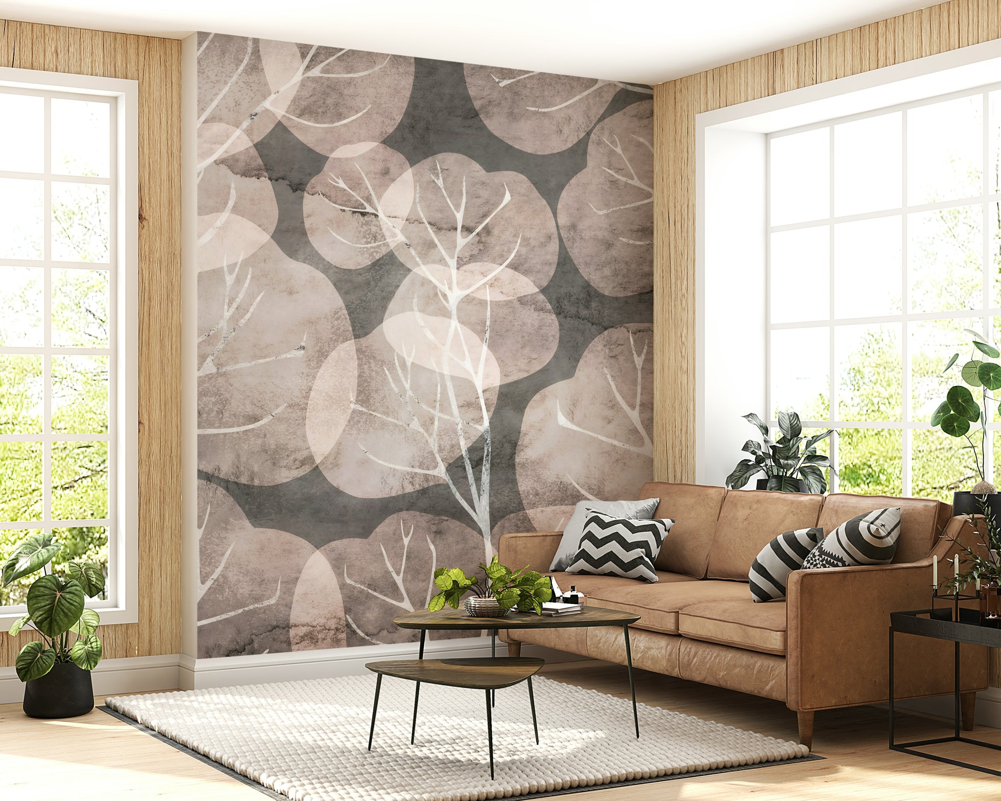 Winter-inspired botanical mural with textured background
