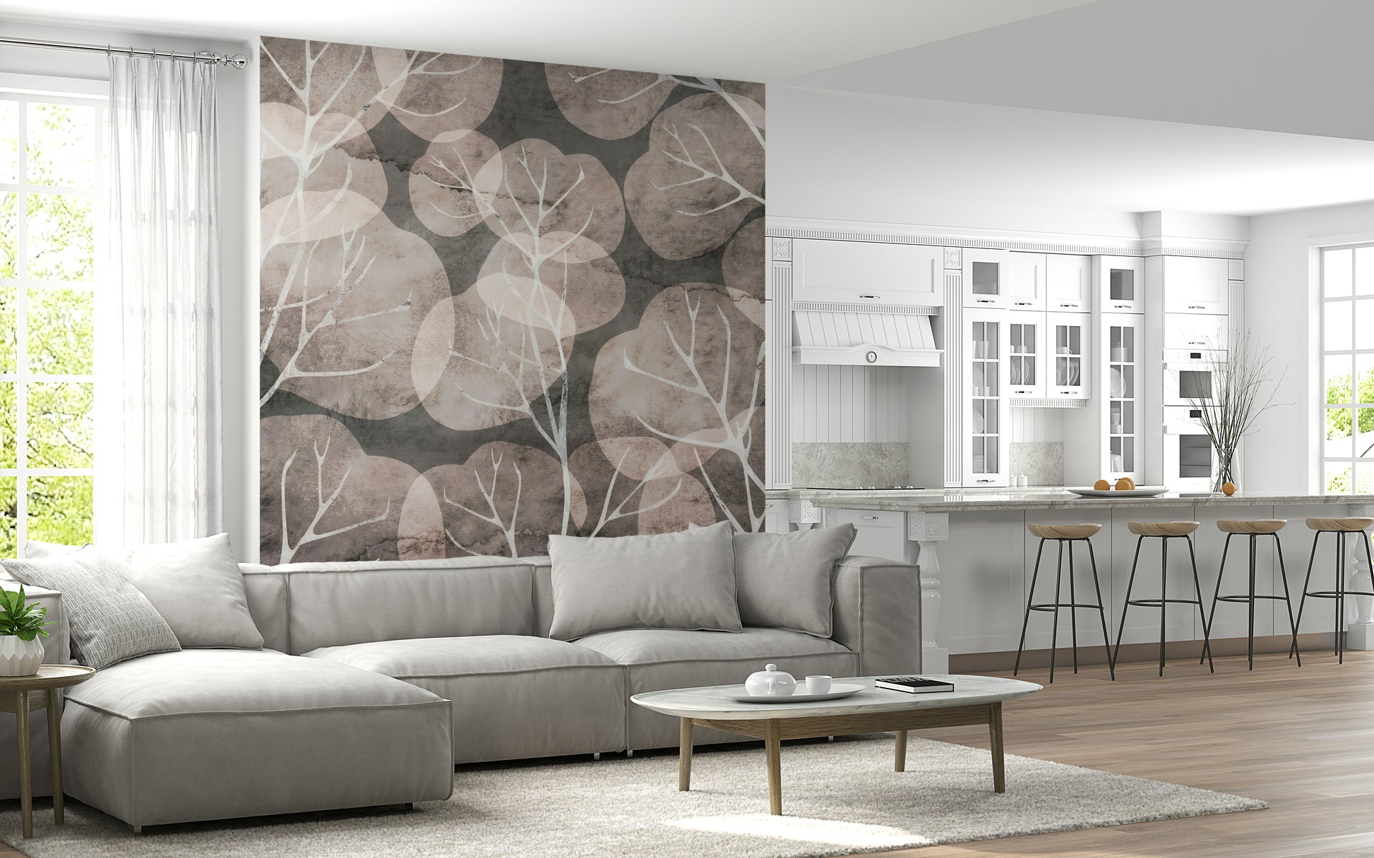 Calm winter forest mural in blush and gray