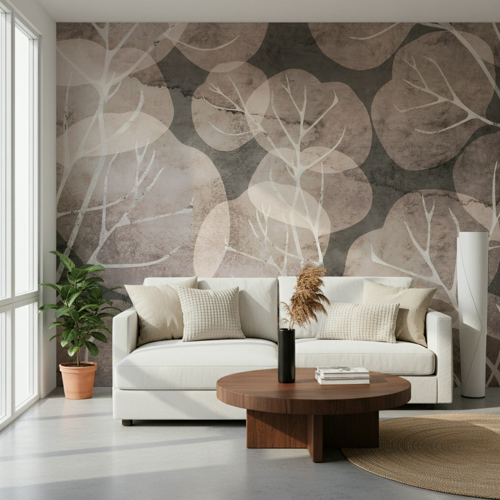 Nature-inspired wall mural with branches and leaves