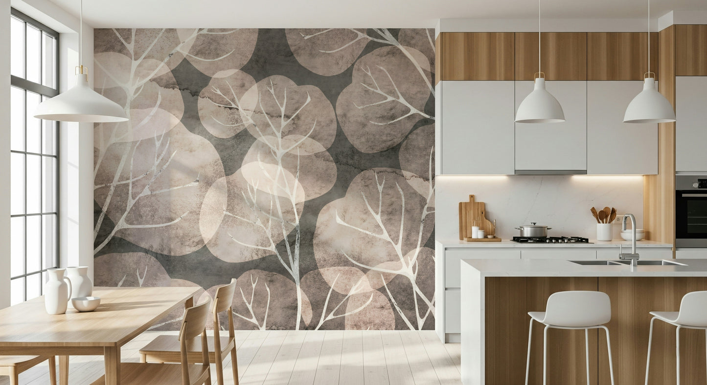 Decorative botanical mural with layered leaf shapes