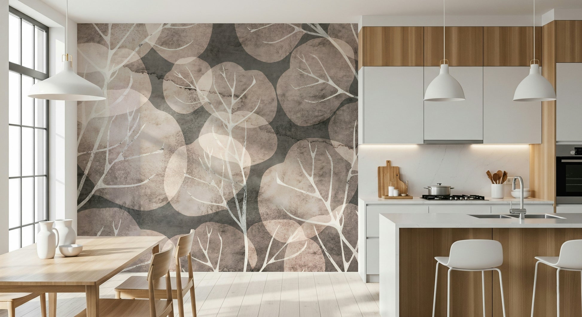 Decorative botanical mural with layered leaf shapes