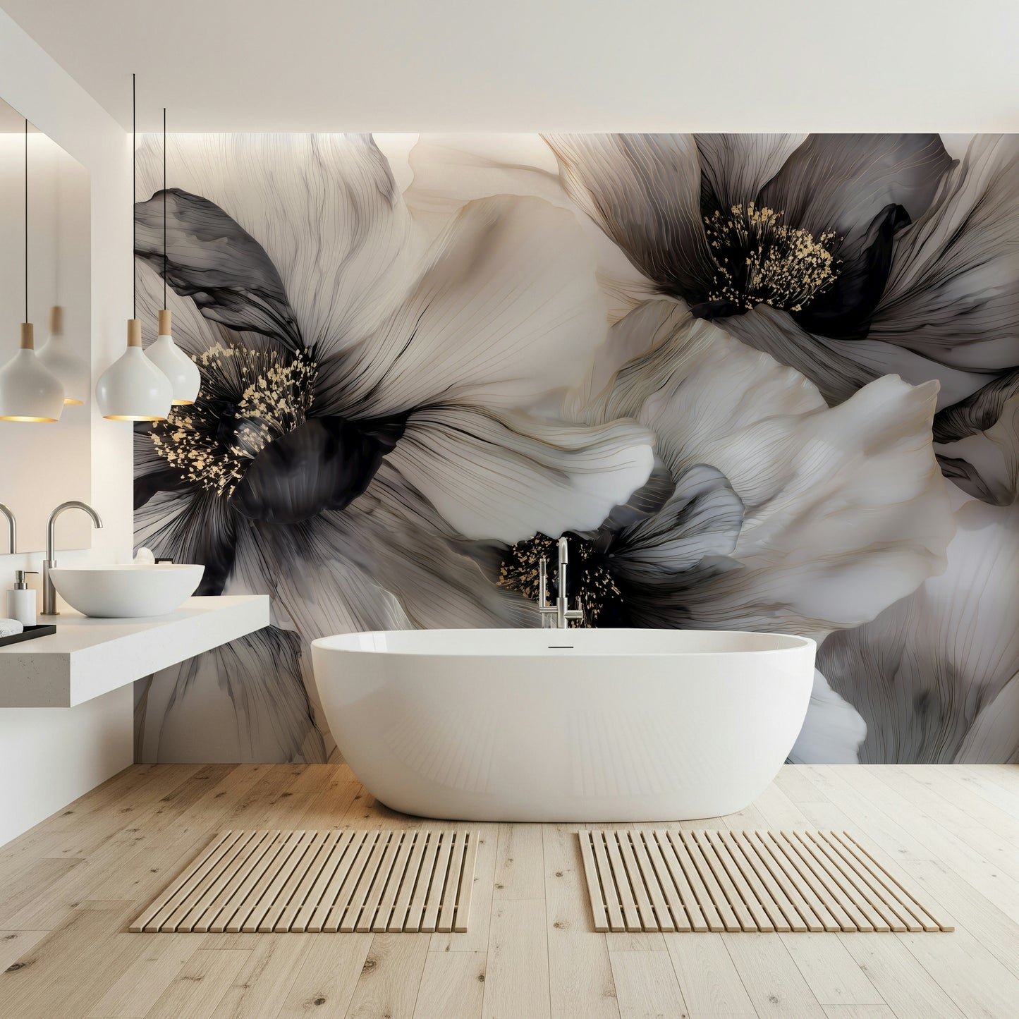 Monochrome Petal Ink Flow Harmony Wall Mural