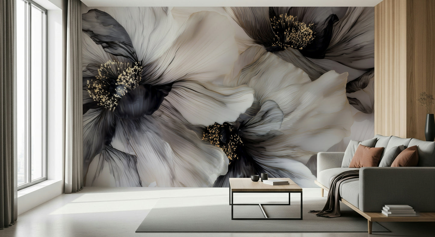 Monochrome Petal Ink Flow Harmony Wall Mural