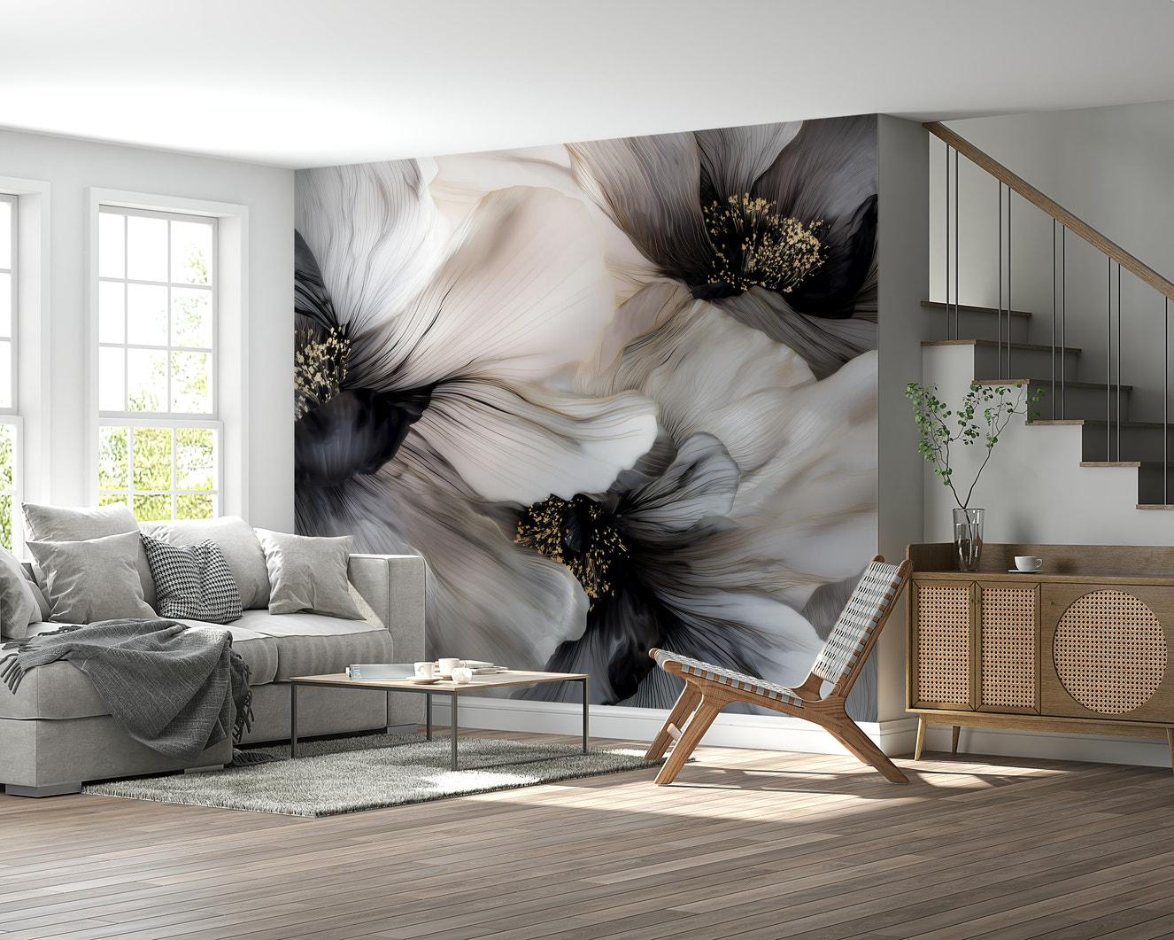 Monochrome Petal Ink Flow Harmony Wall Mural