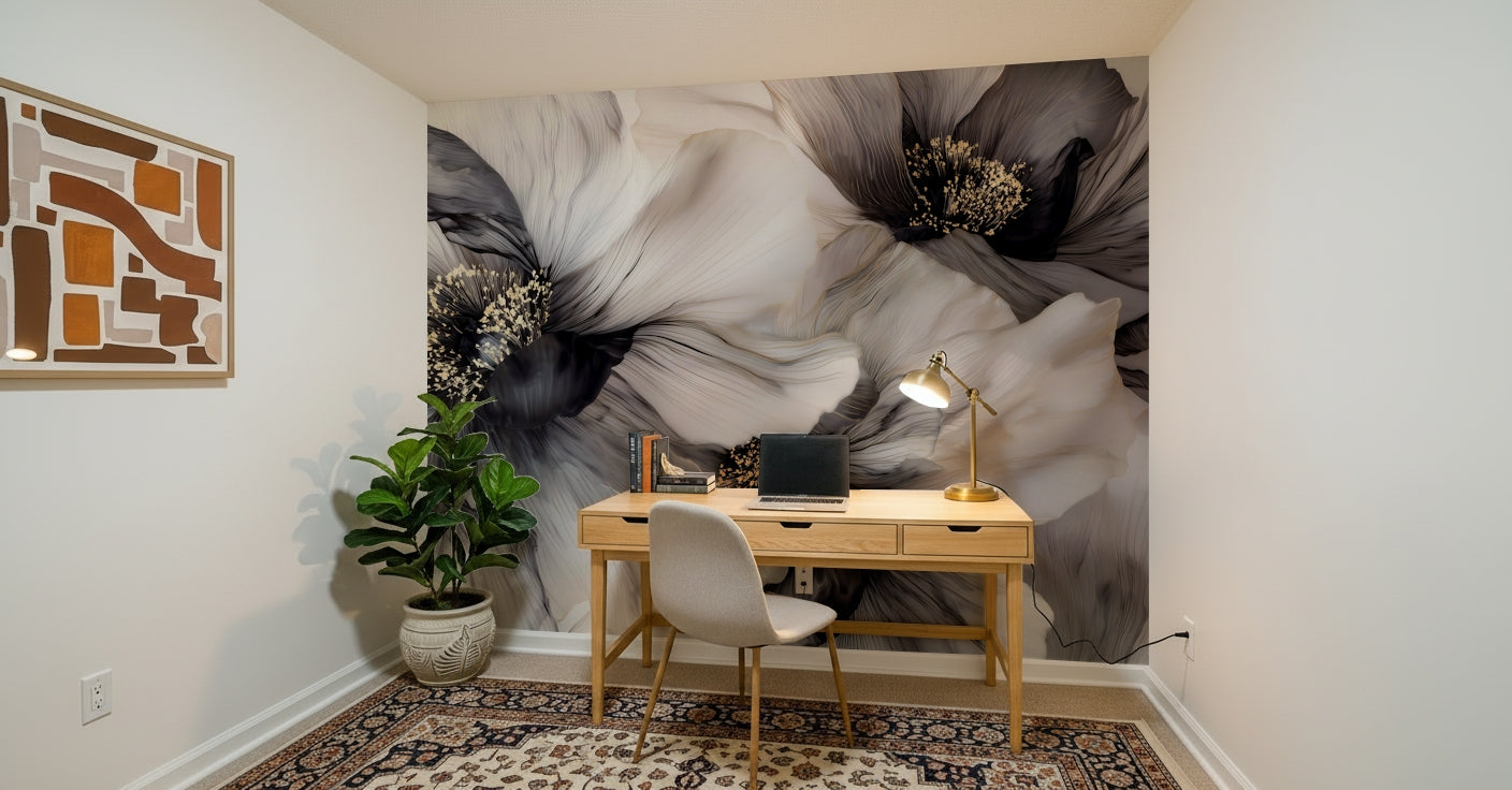 Monochrome Petal Ink Flow Harmony Wall Mural