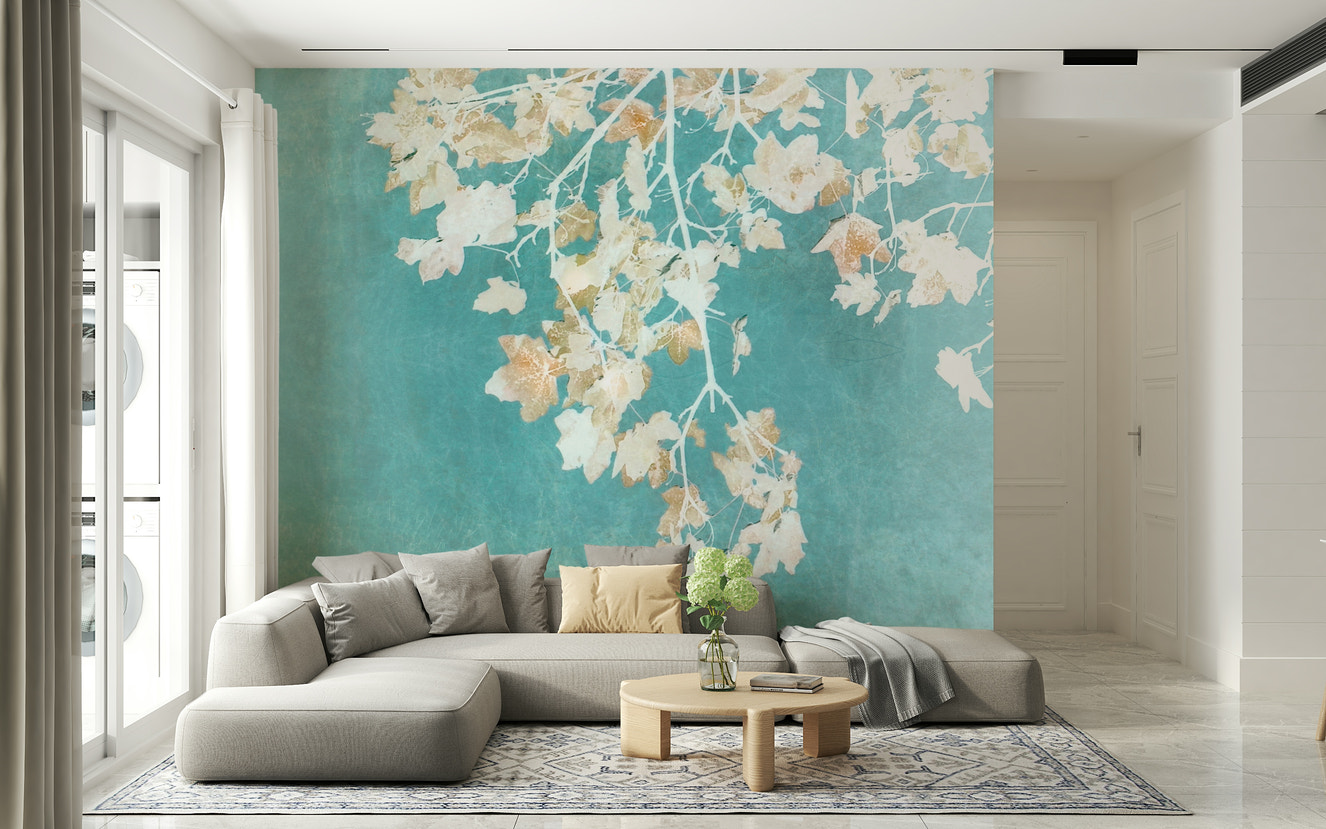 Teal Leaf Whispers Wall Mural