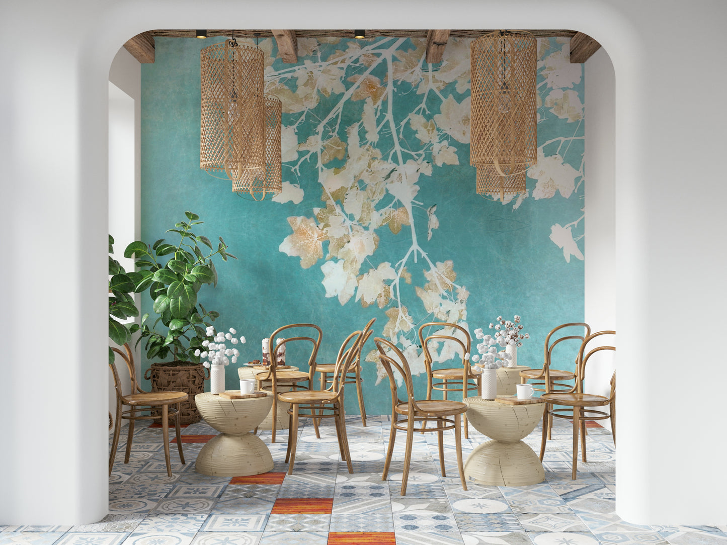 Teal Leaf Whispers Wall Mural
