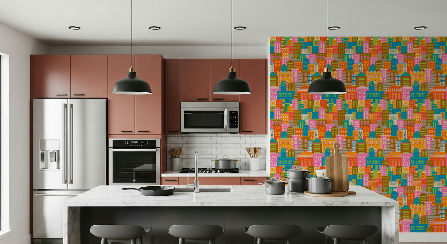 City Lights By Day Vintage Travel Bright Geometric Buildings Sunny Rainbow Brights Wallpaper⁠