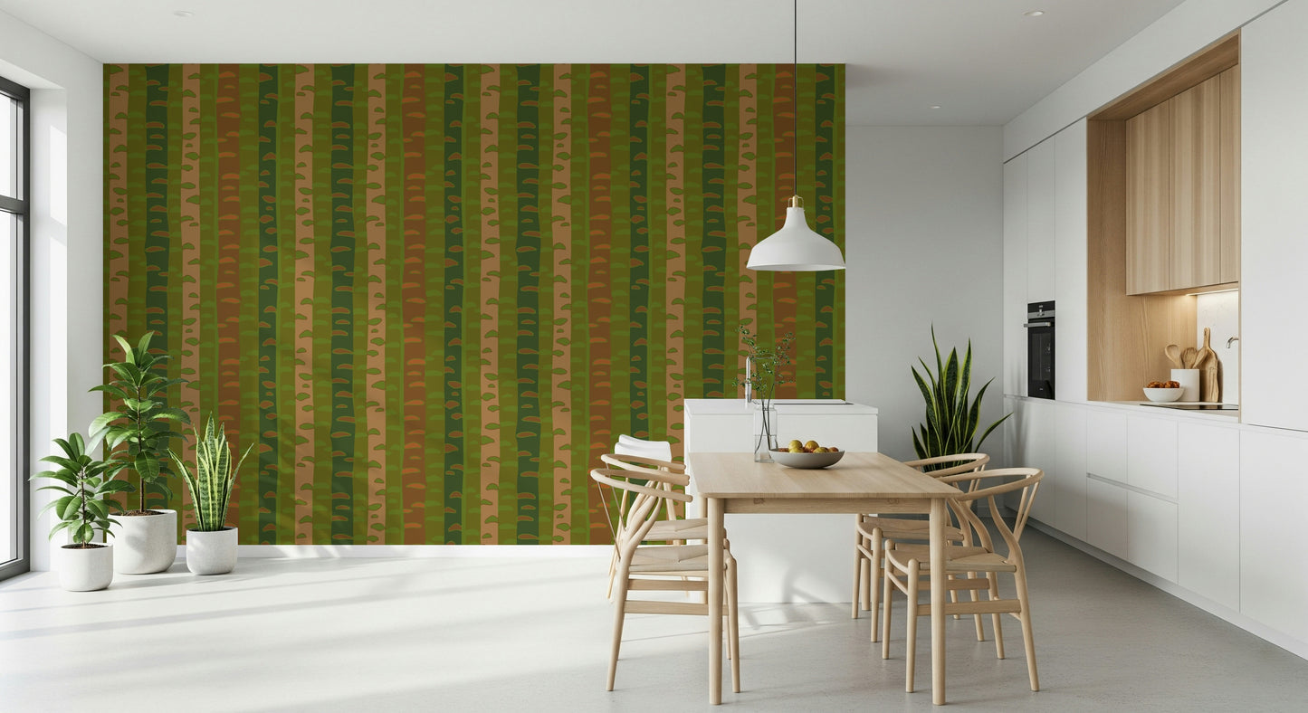 Birch Tree Stripes Retro Abstract Forest in Earthy Green Brown Wallpaper⁠