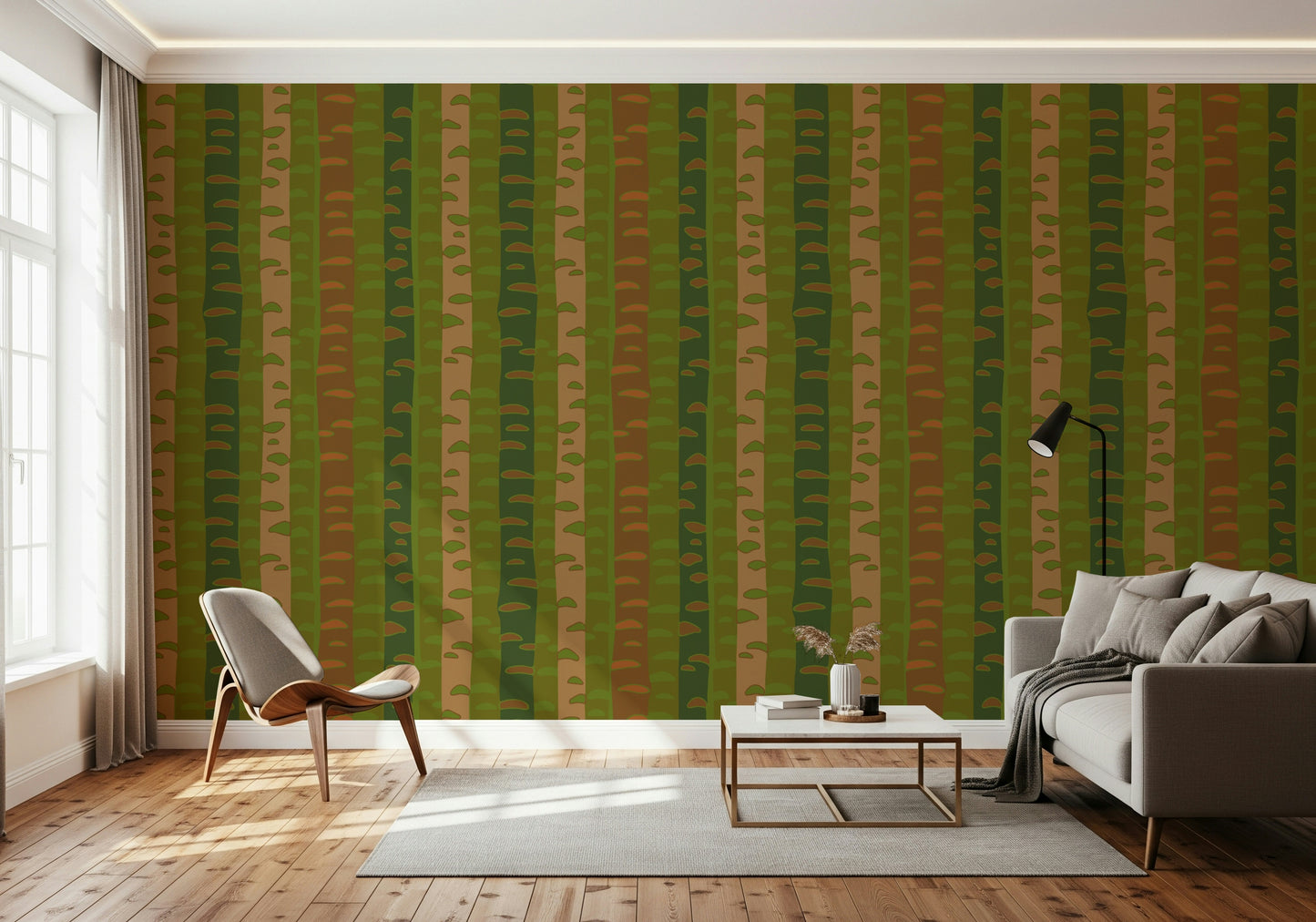 Birch Tree Stripes Retro Abstract Forest in Earthy Green Brown Wallpaper⁠