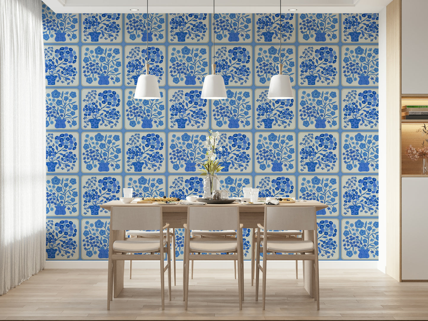 Flower Bouquet Tiles Floral Light Delft Blue and White Wallpaper⁠
