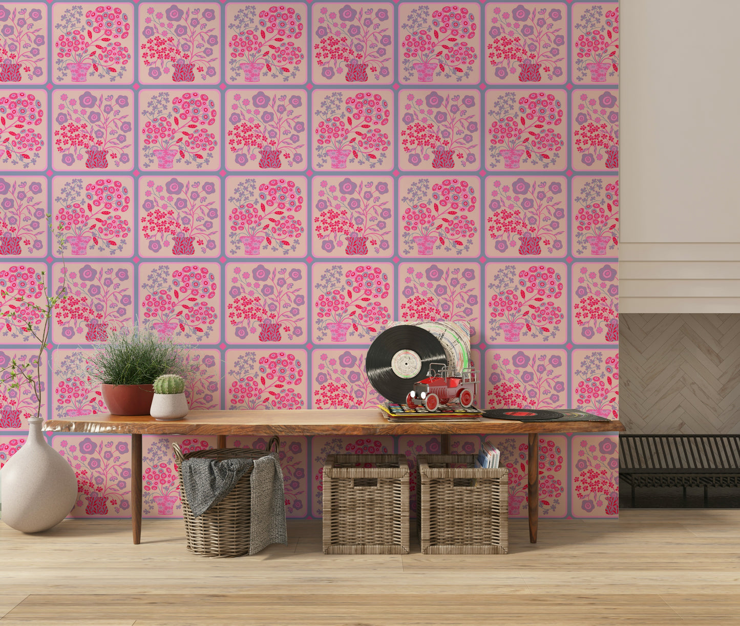 Flower Bouquet Tiles Floral Pretty Pink Red Fuchsia Lavender Purple Wallpaper⁠