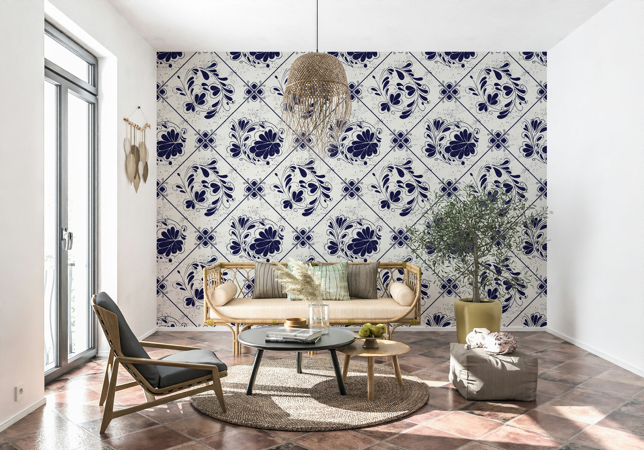 Vintage Indigo Floral Tiles Wallpaper⁠
