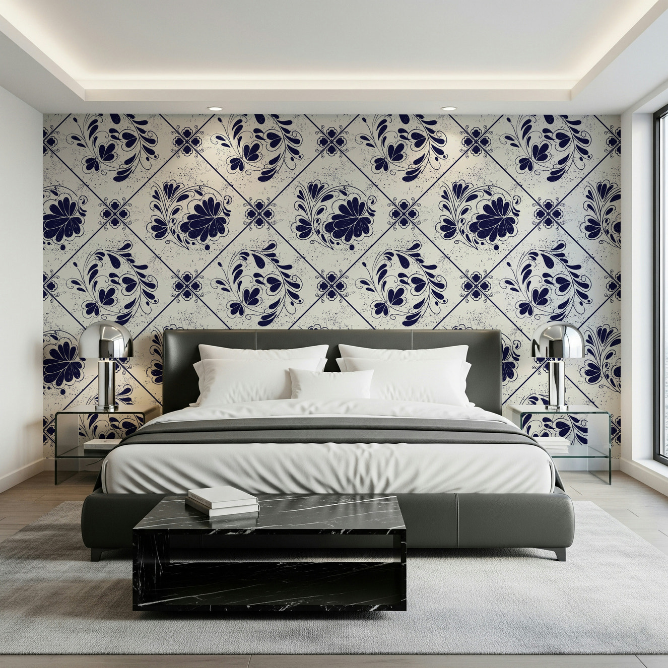 Vintage Indigo Floral Tiles Wallpaper⁠