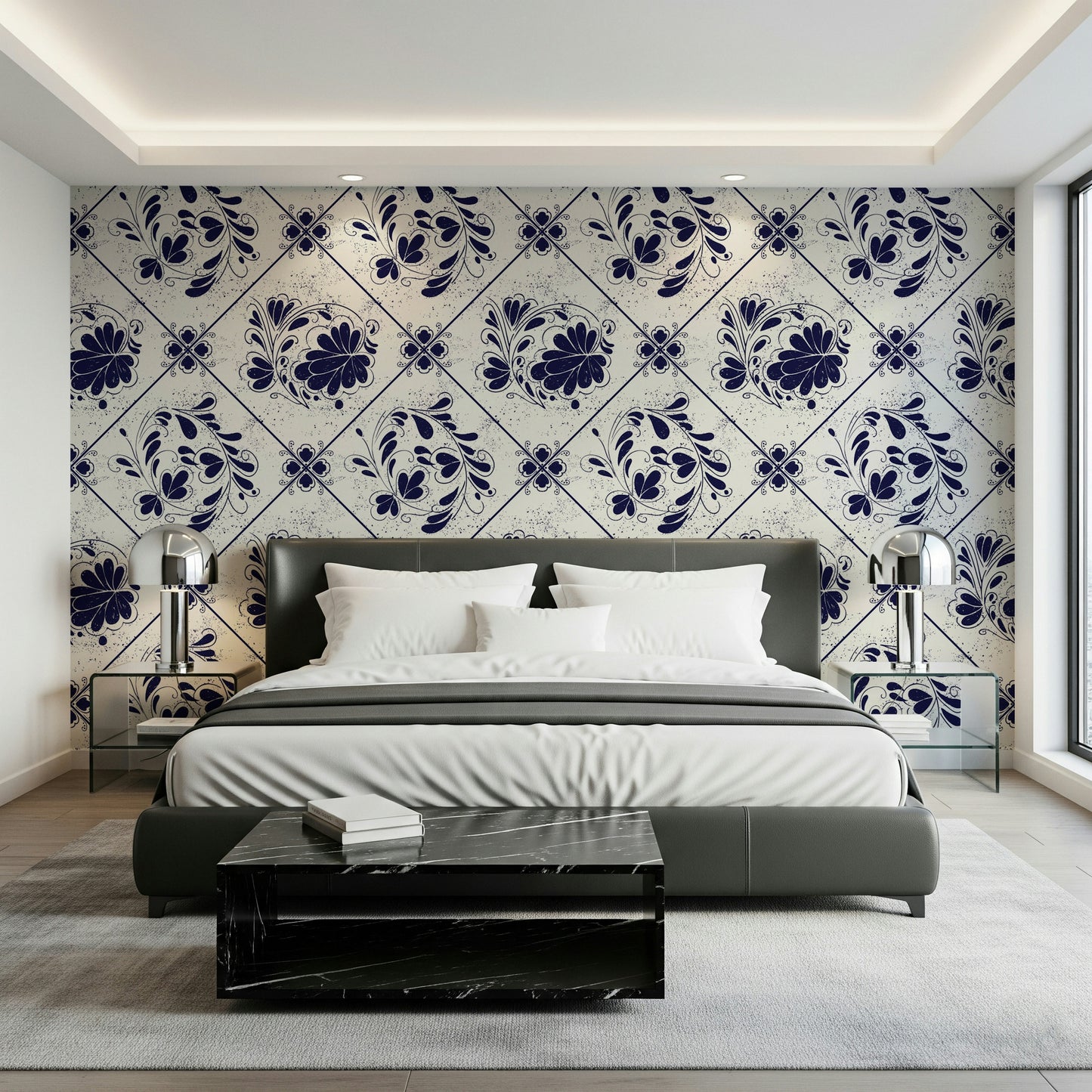 Vintage Indigo Floral Tiles Wallpaper⁠