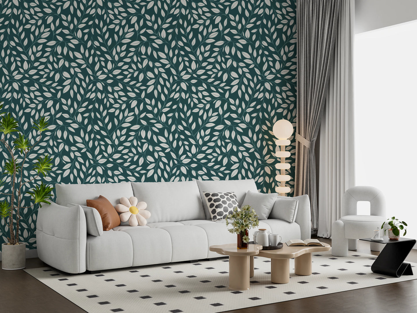 White Vines on Teal Wallpaper⁠
