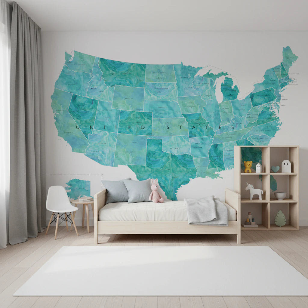 USA map with states and capitals in teal watercolor Wall Mural