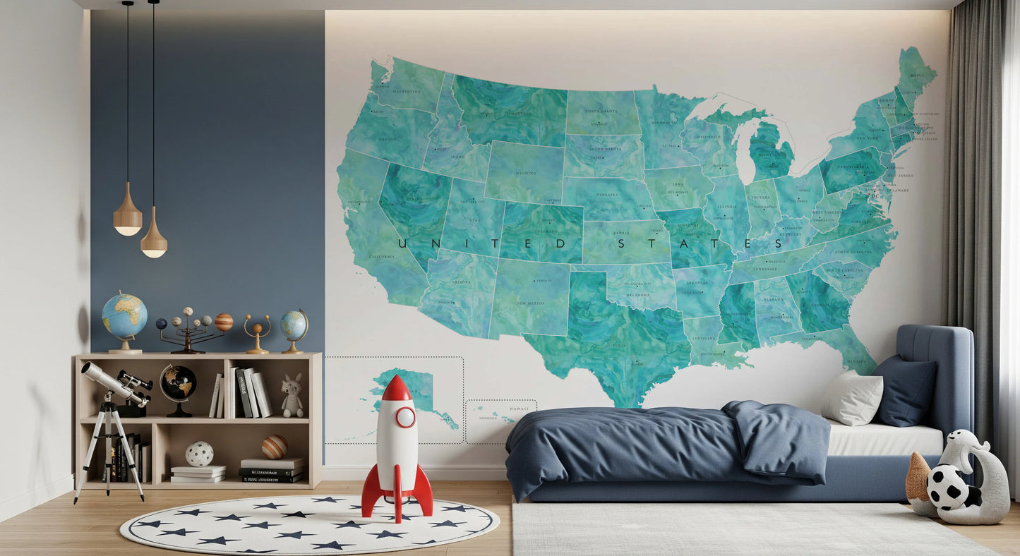 USA map with states and capitals in teal watercolor Wall Mural