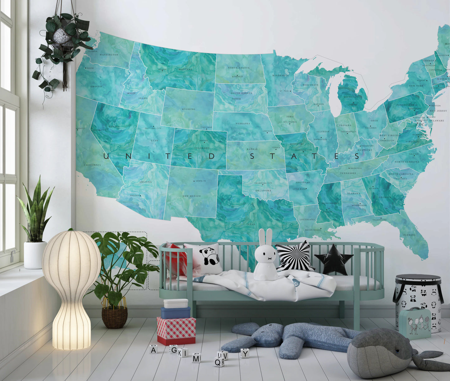 USA map with states and capitals in teal watercolor Wall Mural