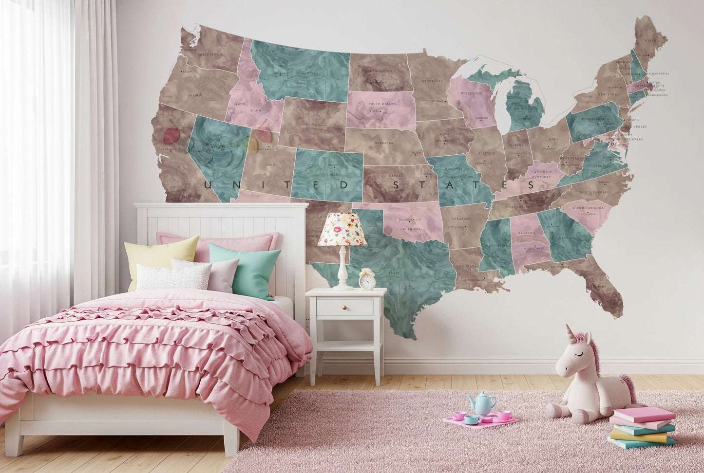 USA map with states and capitals in muted watercolor Wall Mural
